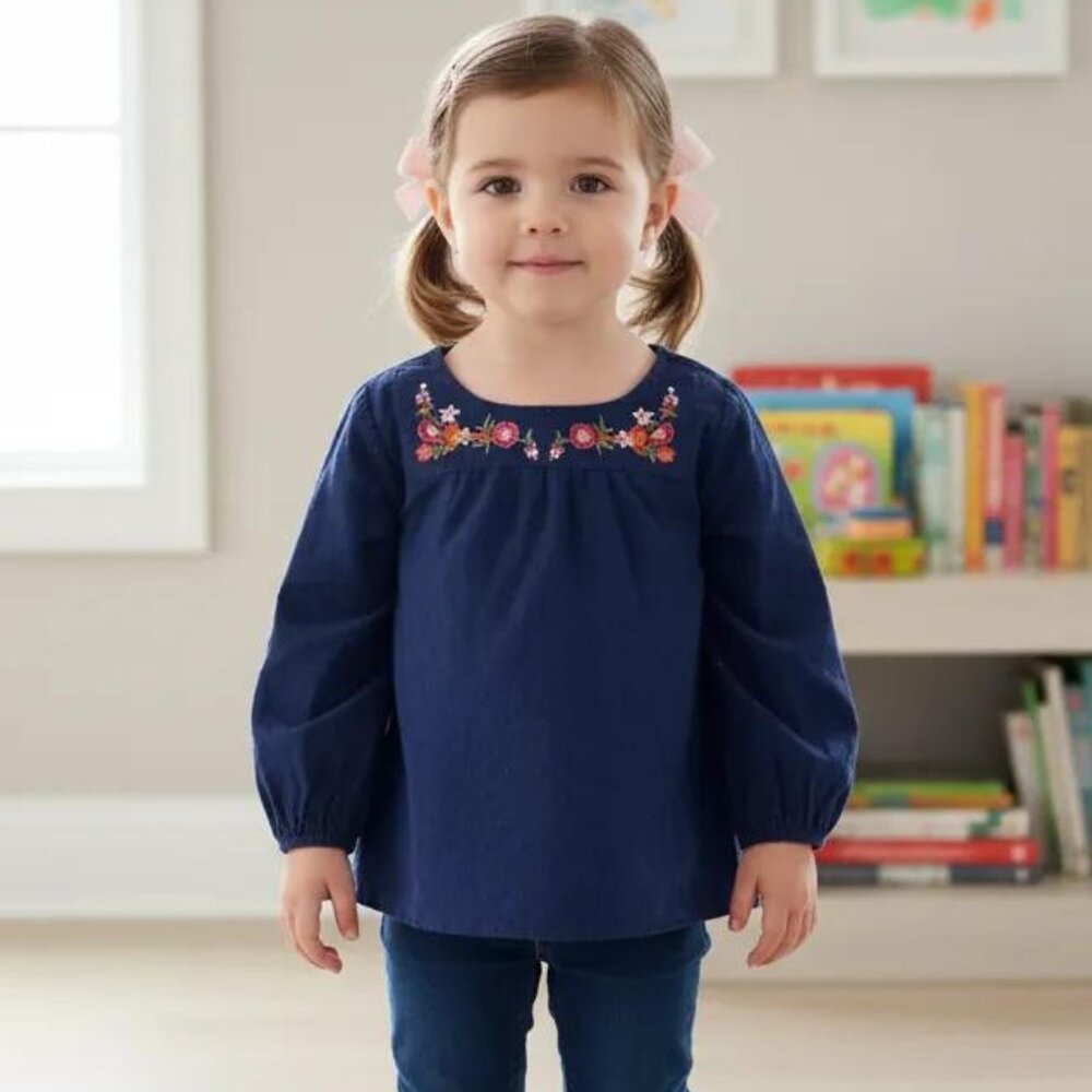 Gap Textured Navy Blue Embroidered Floral Blouse 4 Years